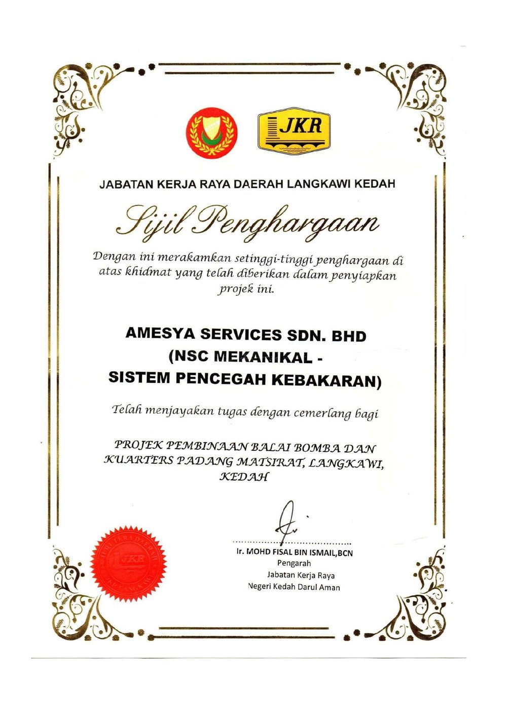 JKR Sijil Penghargaan awarded to Amesya Services